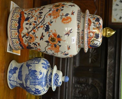 Lot 366 - Chinese blue and white baluster vase and cover and a large modern ginger jar and cover in the Imari