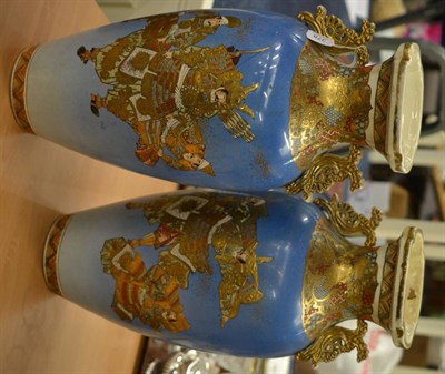 Lot 378 - A pair of large Japanese Satsuma pottery vases with a blue ground