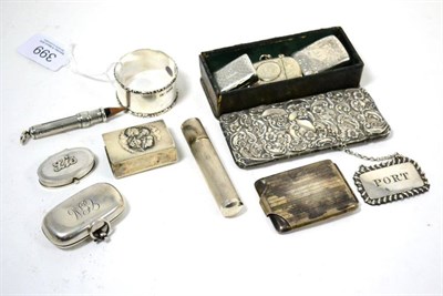 Lot 399 - A silver wine label, vinaigrette (a.f.), double sovereign case, three vesta holders, napkin...