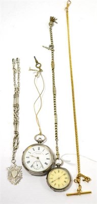 Lot 410 - A French lady's fob watch, a gent's silver pocket watch, silver watch chain and shield fob etc