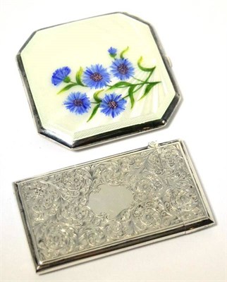 Lot 415 - A silver compact with white enamel and blue floral decoration and Chester silver card case (2)