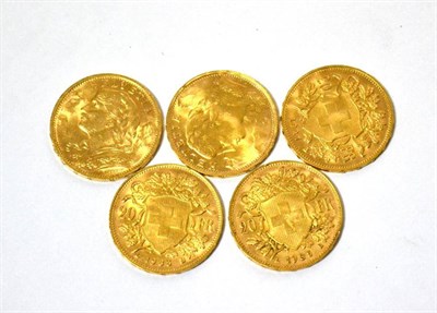 Lot 421 - Switzerland - Five gold 20 franc coins, 1902,1927,1935 x2, and 1947