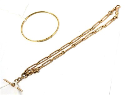 Lot 426 - A 9ct gold Albert watch chain with T-bar together with a 9ct gold cz set bangle