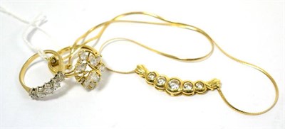 Lot 446 - Two 14ct gold cz rings and a 14ct gold cz set necklace