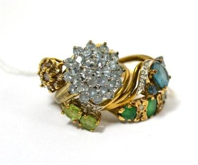 Lot 447 - A 9ct gold cognac diamond cluster ring, a 9ct gold emerald and diamond ring and three other 9ct...