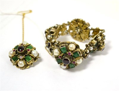 Lot 448 - Austro-Hungarian silver gilt bracelet and matching brooch set with garnets, emeralds, rubies...