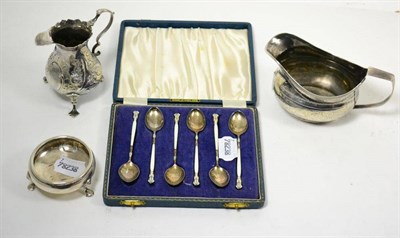 Lot 479 - Two silver jugs, silver circular salt and cased set of silver and enamel spoons