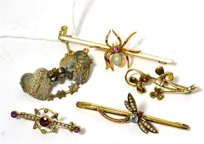 Lot 484 - Five brooches including an opal set spider stamped 9ct, a stone set dragonfly, a stone set bar...