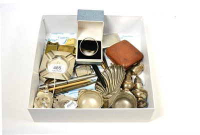 Lot 485 - Assorted small silver items including condiments, shell dish, ashtray, pens, vesta cases, two...