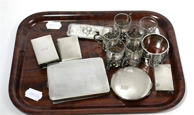 Lot 489 - Silver compact, cigarette case, vesta case and matchbox case, six glasses with silver mounts etc