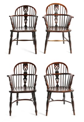 Lot 709 - A Matched Pair of Mid 19th Century Yorkshire Yew and Elm Windsor Armchairs, with double spindle...