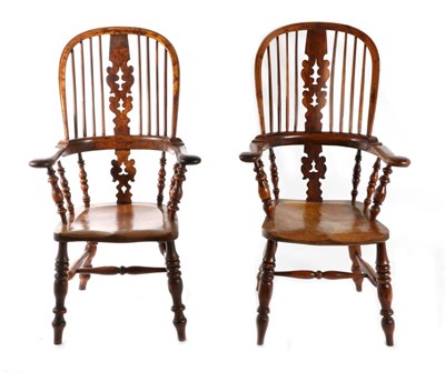 Lot 711 - A Matched Pair of Burr Yewwood Yorkshire Windsor Smoker's Bow Armchairs, circa 1850, with a spindle