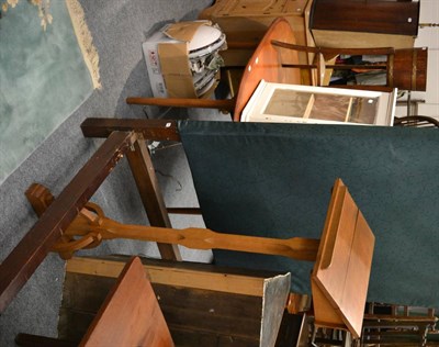 Lot 1043 - A Danish Mobelintarsia oval dining table, an oak lectern, set of wall shelves, white painted corner