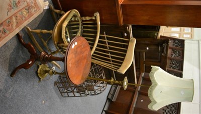 Lot 1064 - A pine rocking chair, Victorian tripod table, brass standard lamp and a steel domed cage with...