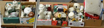 Lot 1073 - Six boxes of assorted ceramics, glass and textiles including Staffordshire seated spaniels,...