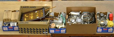 Lot 1078 - Assorted plated wares, walking sticks, china, ice skates etc (five boxes)