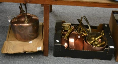 Lot 1097 - A large quantity of copper and brass including candlesticks, saucepans, large copper kettle and...