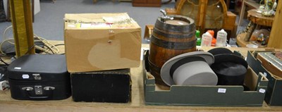 Lot 1105 - Oak barrel with later tap, grey felt top hat, three black bowler hats, one black silk top,...