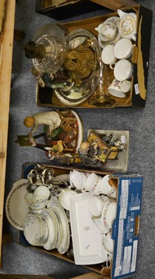 Lot 1108 - Assorted tea wares, plated wares, gilt metal oil lamp with glass well, three Naples figures,...