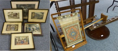 Lot 1130 - Two spirit levels, wall shelves, weaving loom, shooting stick, and prints etc