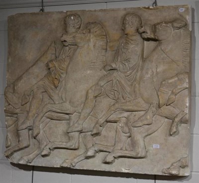 Lot 1133 - A Grand Tour style plaster plaque, depicting figures on horseback, reverse with plaque...