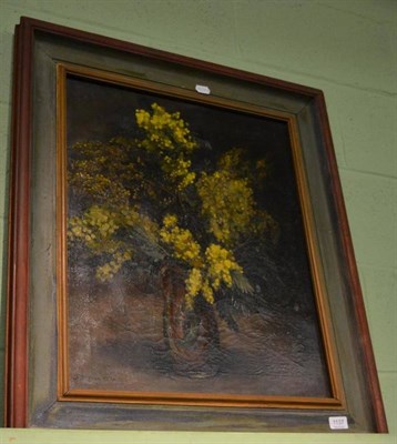 Lot 1137 - D Mignon Charles, still life of flowers, titled Mimosa, oil on canvas, framed