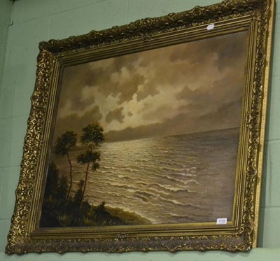 Lot 1139 - H Veerman, large oil on canvas of a dusk lit coastal scene, in gilt frame