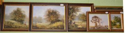 Lot 1144 - Three oil on canvas of wooded landscape, children and cattle, signed Les Carson, framed and a...