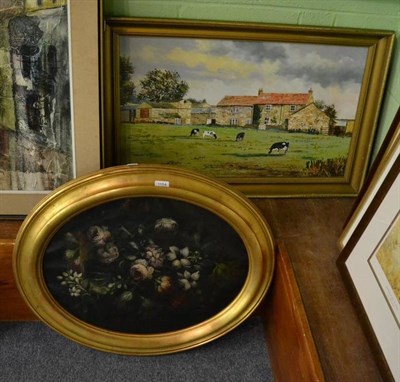 Lot 1154 - A late 19th century school, still life of flowers, oil on canvas, oval, in a giltwood frame and...