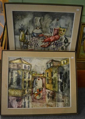 Lot 1155 - Jean de Bomainq (1938-1981) Venetian canal scene and a still life of lobster, lamps and wine,...