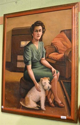 Lot 1158 - A Squires Willey, portrait of a seated lady in a green dress with dog, titled ";The Listener";, oil