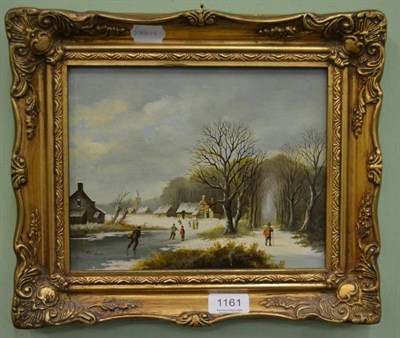 Lot 1161 - 20th century oil on board, skaters in a wintry village, signed J Korsten