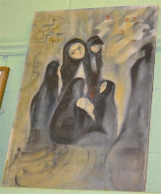 Lot 1167 - Group of Iranian ladies wearing burkhas, oil on canvas, artist unknown