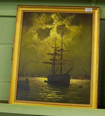 Lot 1170 - Oil on canvas of shipping scene in moonlight, signed, in gilt frame