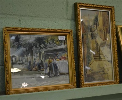 Lot 1175 - A gilt framed watercolour of a Continental street market, another similar of figures on steps,...