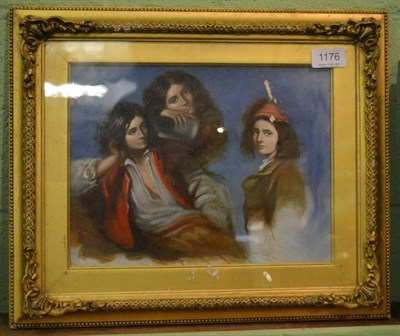 Lot 1176 - An oil sketch of three figures in 18th century costume, in a gilt frame