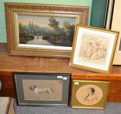 Lot 1181 - Two oil on canvas pictures, pastel of a dog signed Donald Wood, watercolour portrait etc (5)