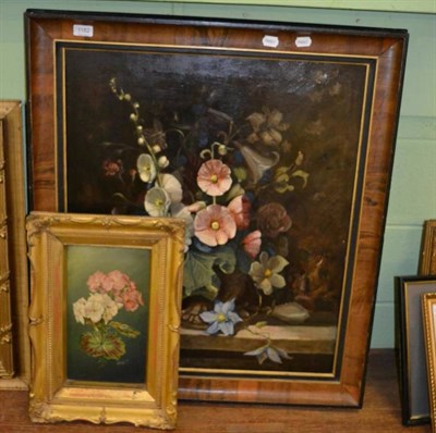 Lot 1182 - H Sheppard, still life of geraniums, oil on board in gilt frame and a large still life oil on...