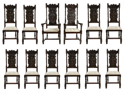 Lot 730 - A Set of Twelve Victorian Carved Oak High-Back Dining Chairs, late 19th century, with acanthus leaf