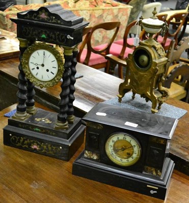 Lot 1254 - Black slate mantle clock and ebonised portico clock with turned supports (2)