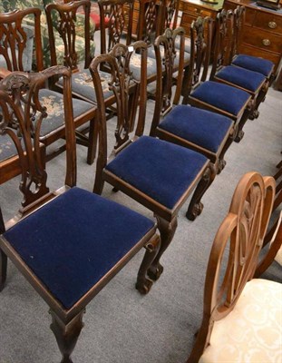 Lot 1267 - A set of six Georgian style mahogany dining chairs with blue velvet drop in seats