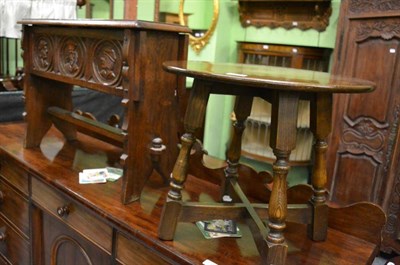 Lot 1312 - Small oak chest, possibly Dutch, carved with portraits and a reproduction oak occasional table