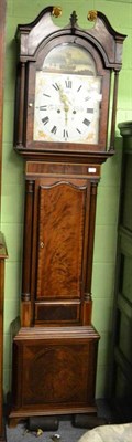 Lot 1343 - 19th century mahogany inlaid longcase clock with painted arch dial, Cheetham of Leeds