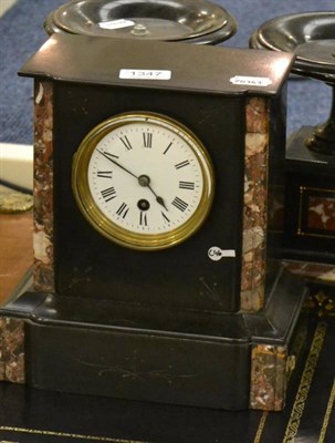 Lot 1347 - A black slate and marble clock garniture, of architectural form flanked by urns