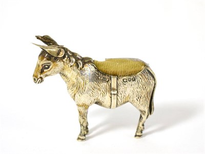 Lot 2 - A silver pin cushion in the form of a donkey, with Chester hallmarks