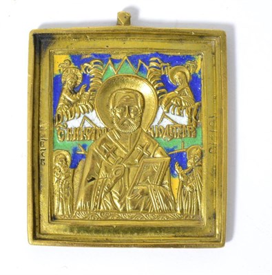 Lot 8 - A Russian enamelled brass icon, as Christ Pantocrator, 6cm by 5.5cm