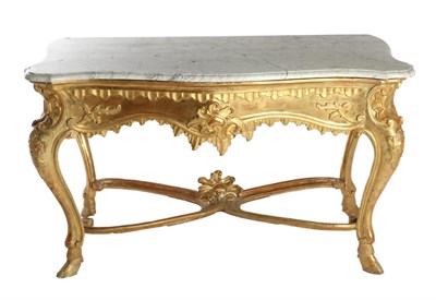 Lot 750 - A Giltwood Carved Console Table, of serpentine shaped form with a grey and white marble top...