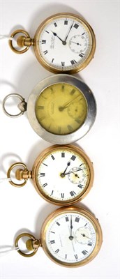 Lot 13 - A silver pocket watch together with three gilt metal pocket watches (4)