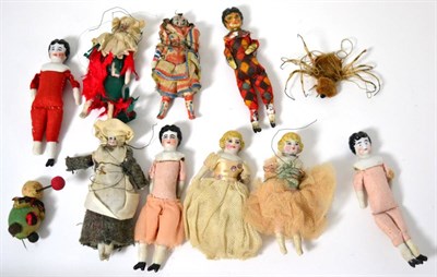 Lot 30 - Nine assorted china and bisque shoulder head doll's house dolls, with cloth bodies, some clothed