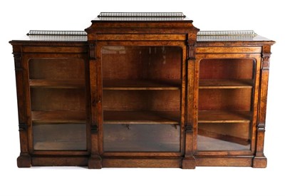 Lot 753 - A Victorian Figured Walnut and Marquetry Inlaid Breakfront Display Cabinet, circa 1870, the...